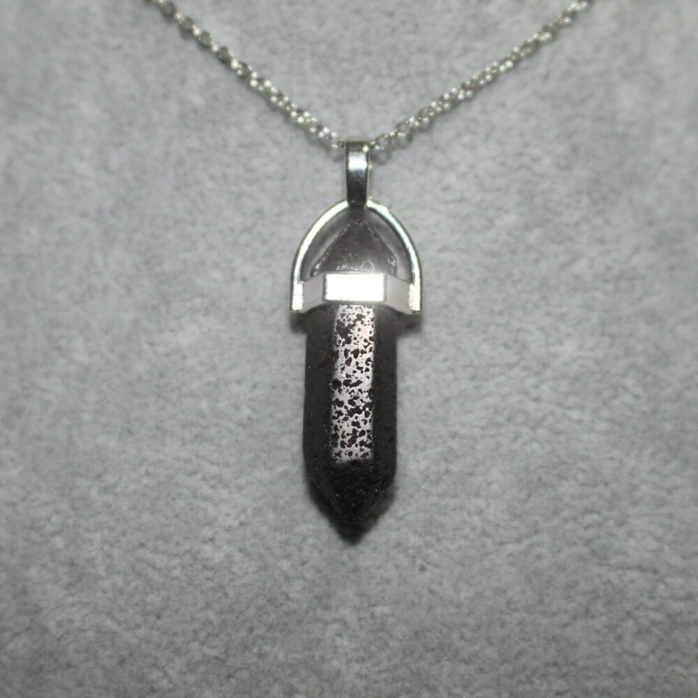 Black Lava Stone Hex Crystal Pendant Necklace – Silver Tone Chain - Picture 2 of 8